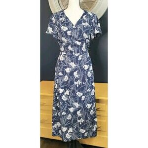 Wrap Dress Women's Small Floral Navy Blue White Tied Waist Short Sleeve Maxi